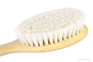 Natural goat hair brush on a wooden handle. Contains long soft goat hair bristles, on clear white background.